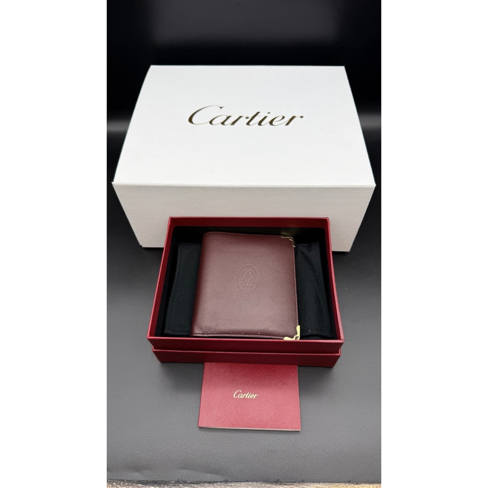 Cartier Must de Cartier Burgundy Leather Bifold Wallet Gold Corners Mens Box